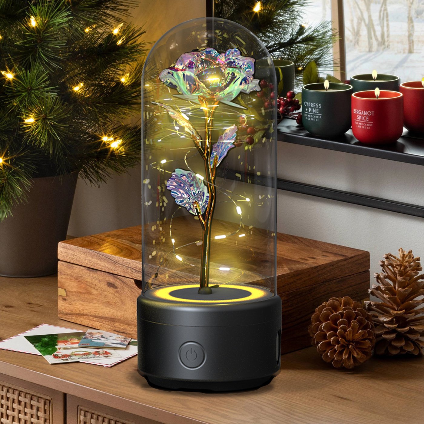 Creative 2 In 1 Rose Flowers LED Light And Bluetooth-compatible Speaker Valentine's Day Gift Rose Luminous Night Light Ornament In Glass Cover - Image 4