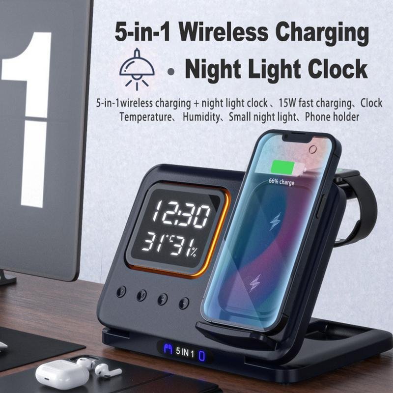 cb847781-7817-46e3-85a5-4324fa5ebc76.jpg 15W Wireless Chargers Stand 5 In1 LED Digital Alarm Clock Fast Charging Dock Station - Image 1